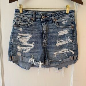 American Eagle Outfitters Blue Distressed Jean Shorts Stretch Mom Short
